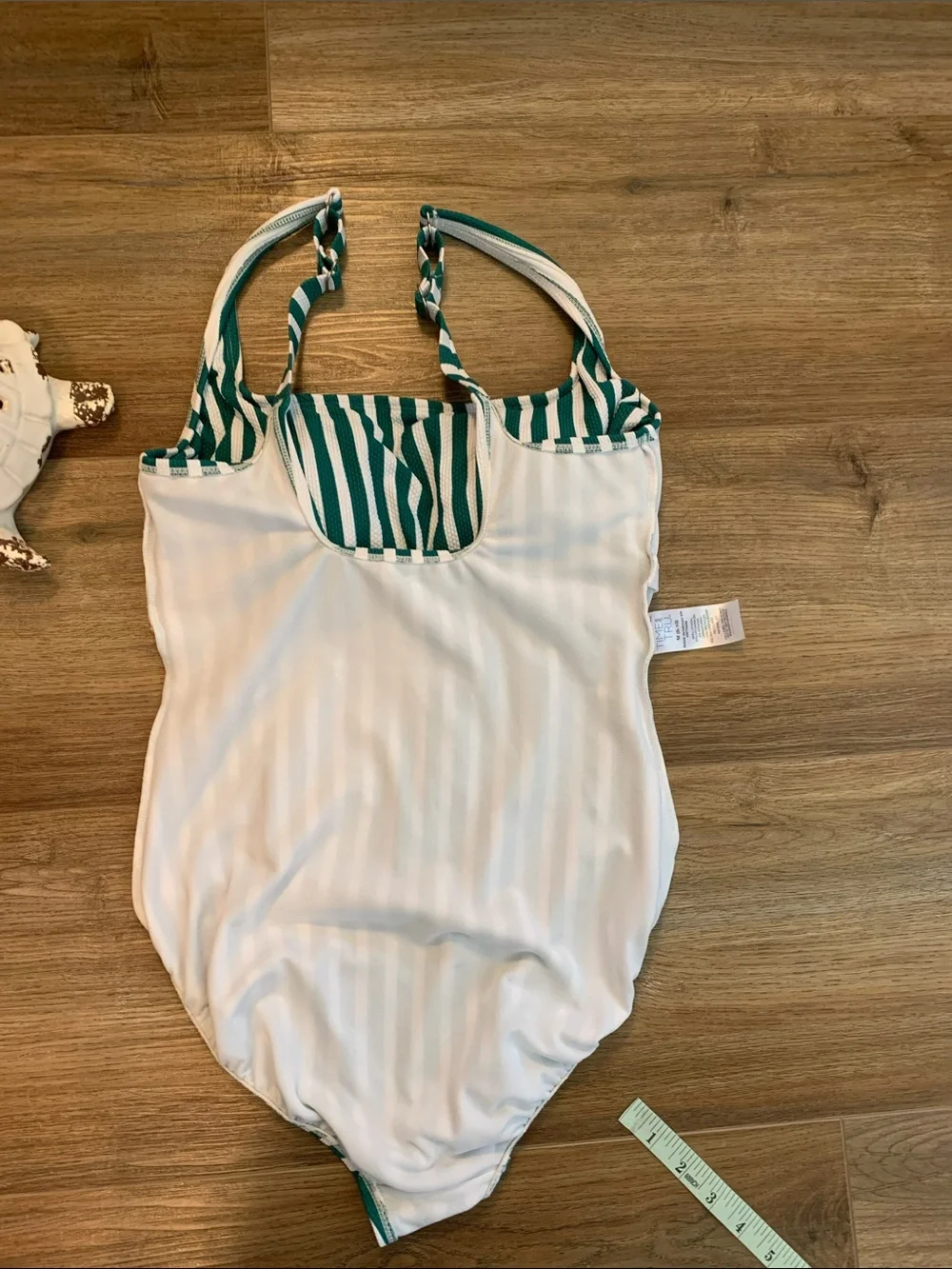 Time and Tru Green and White Striped One-Piece Swimsuit Size M